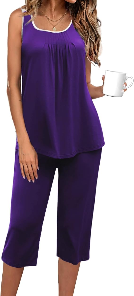 Ekouaer Capri Pajama Sets for Women 2 Piece Soft Cute Pjs Round Neck Sleeveless Lounge Set for Summer Sleepwear