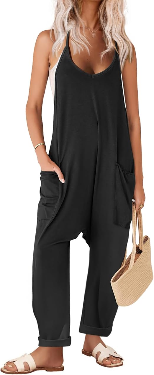 Ekouaer Womens Sleeveless Jumpsuit Loose Spaghetti Strap Baggy Overalls Jumpers Casual Long Pants Rompers with Pockets