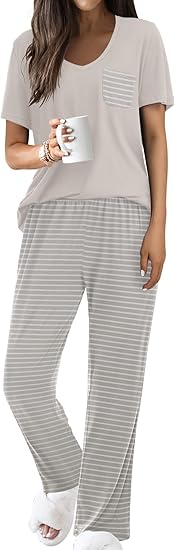 Ekouaer Pajama Sets for Women 2 Piece Short Sleeve Pj Sets With Long Printed Pants Sleepwear Casual Lounge Sets