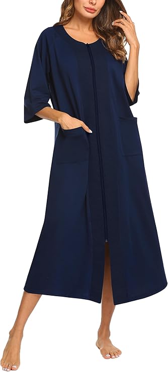 Ekouaer Women's Zipper Robe 3/4 Sleeve Housecoats Full Length House Dress Loungewear Long Nightgown with Pockets