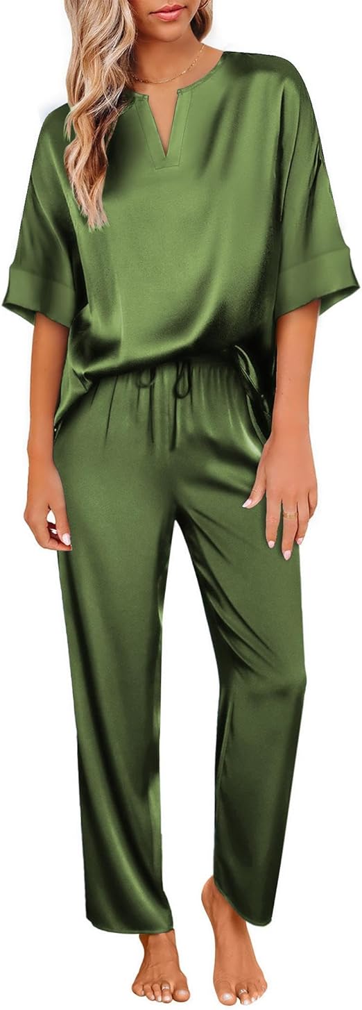 Ekouaer Satin Pajama Set Womens Silk Short Sleeve V Neck Shirt with Long Pant Soft Loungewear Pjs Set