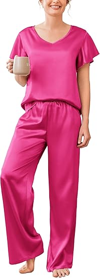 Ekouaer Women's Satin Silky Pajama Set 2 Piece Short Sleeve Shirt with Long Pants Pjs Sets Soft PJ Loungewear