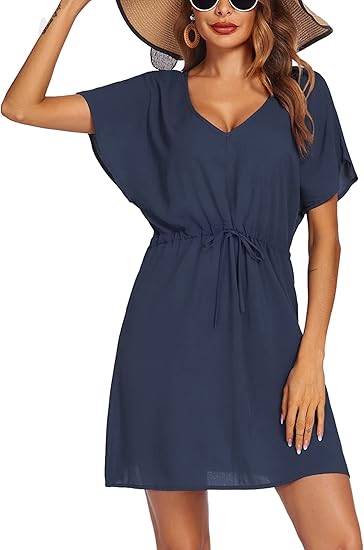 Ekouaer Womens Swimsuit Coverup Short Sleeve Beach Cover Up Dress V Neck Bikini Beachwear