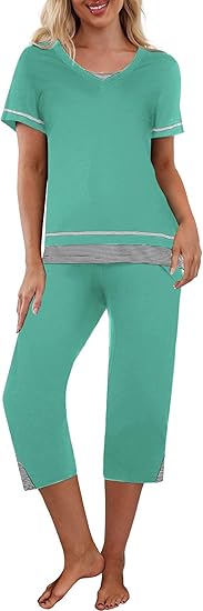 Ekouaer Capri Pajama Sets for Women Short Sleeve Tops Sleepwear Sleep Sets Pjs Sets Soft Two Piece Loungewear Sets Black XL