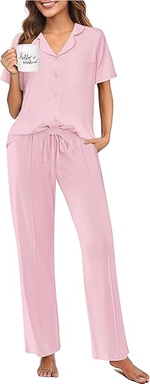 Ekouaer Pajamas for Women Set Button Up Sleepswear 2 Piece Short Sleeve PJ Top and Long Pants Loungwear With Pocket