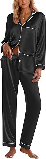 Ekouaer Silk Pajamas for Women Classic Button Down Satin Pajama Sets Long Sleeve Lounge Set