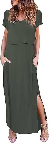 Ekouaer Women's Nursing Dress Summer V Neck Short Sleeve Maternity Split Long Dresses for Breastfeeding with Pockets
