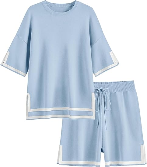 Ekouaer Womens Knit Lounge Set 2 Piece Sweater Sets Short Sleeve Sweatsuit Pullover Tops