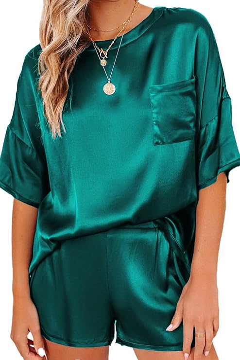 Ekouaer Satin Pajamas for Women Short Sleeve Silk Pajama Sets Soft Sleepwear Top with Causal Pj Shorts