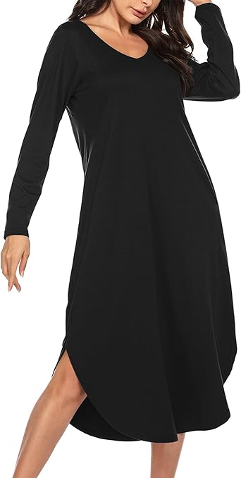 Ekouaer Womens Nightgown V Neck Nightshirts Long Sleeve Sleepwear with Pockets