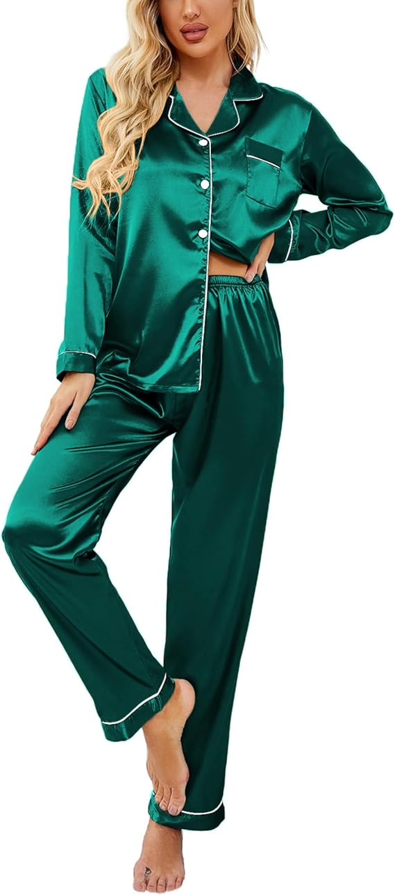 Ekouaer Women's Classic Button Down Long Satin Silk Pajama Set