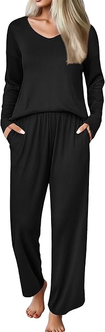 Ekouaer Womens Pajama Set Ribbed Knit PJs 2 Piece Lounge Set Long Sleeve Top and Pants Comfy Sleepwear with Pockets