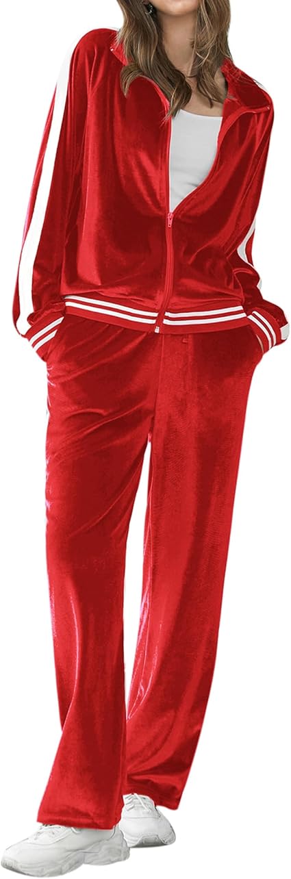 Ekouaer Women's Velvet Velor Tracksuits 2 Piece Lounge Outfits Zip Up Sweatshirt and Sweatpants with Pockets