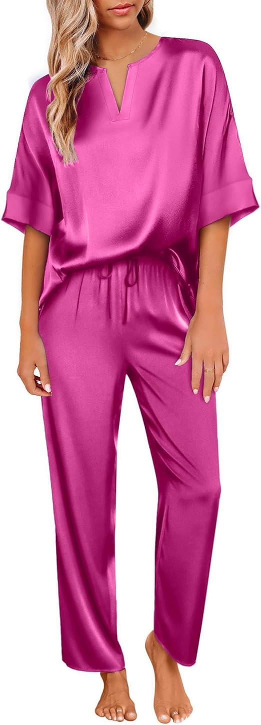 Ekouaer Satin Pajama Set Womens Silk Short Sleeve V Neck Shirt with Long Pant Soft Loungewear Pjs Set