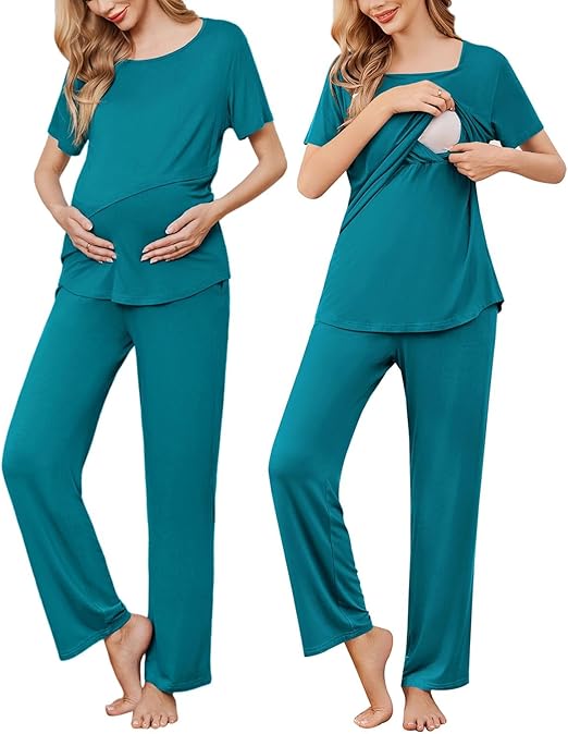Ekouaer Women's Pajamas Short Sleeve Lace V Neck Sleepwear Top Capri Pants Pjs Sets Soft Loungewear