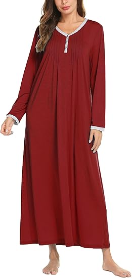 Ekouaer Women's Long Sleeve Nightgown Full Length Sleepwear Long Sleepshirts Henley Sleep Dress