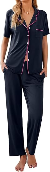 Ekouaer Women Pajamas Set Button Down Sleepwear Short Sleeve Nightwear with Long Pants Soft Pjs Set