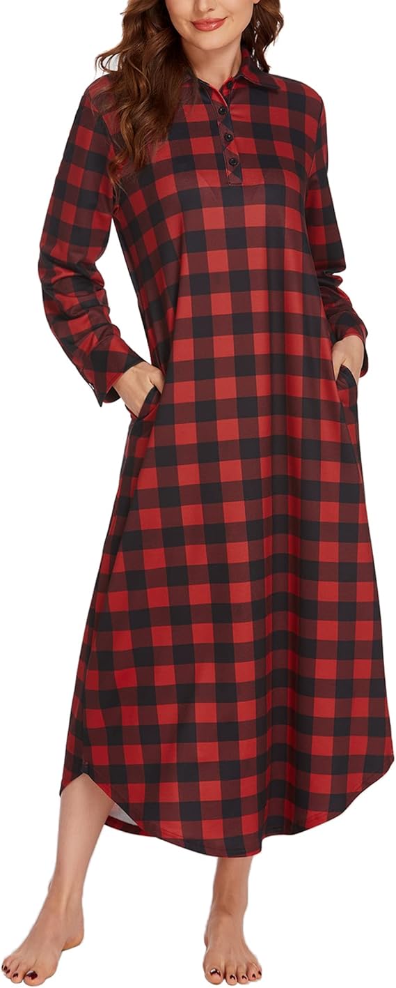 Ekouaer Women's Nightgown Long Sleeve Nightshirt Full Length Loungewear Plaid Sleepwear With Pockets