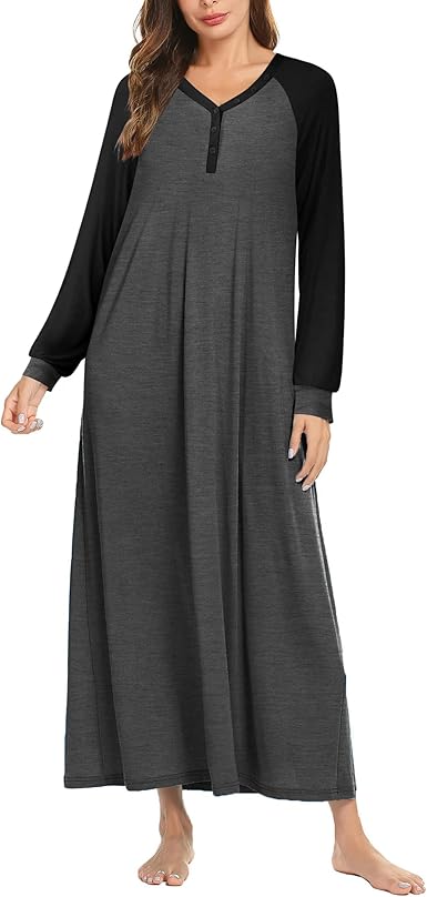 Ekouaer Nightgown Long Sleeve for Women Sleepwear V Neck Loungewear Button Full Length Nightshirt