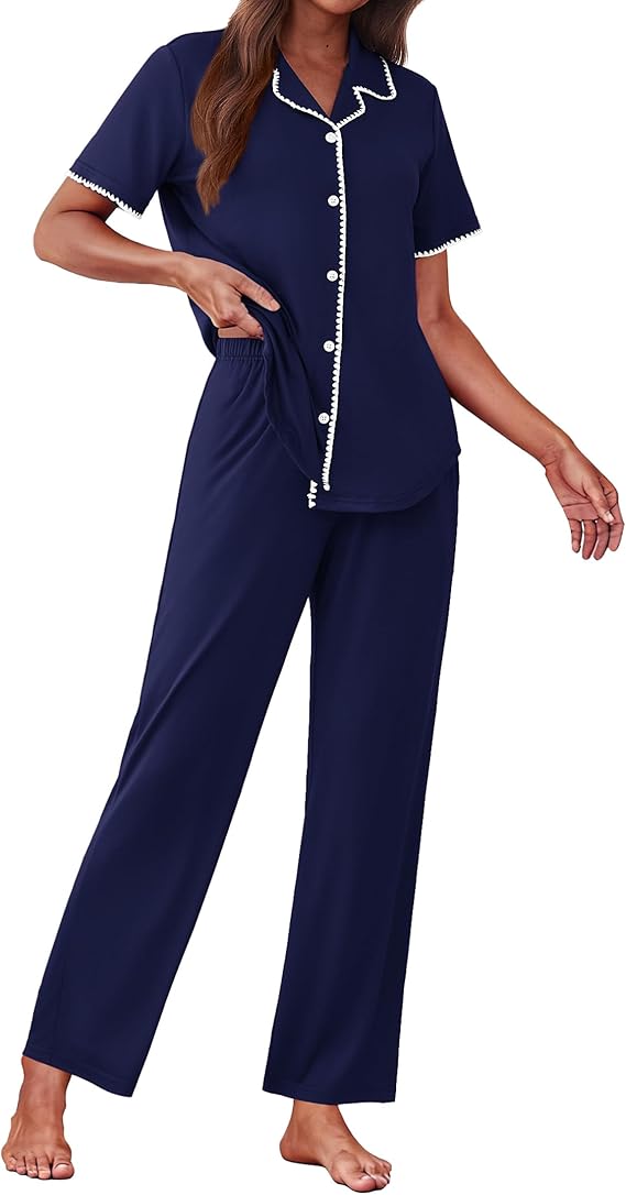 Ekouaer Women's Pajama Sets Button Down Loungewear Short Sleeve Sleepwear 2 Piece Pants Pjs Set with Pockets