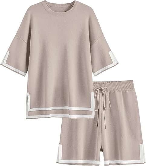Ekouaer Womens Knit Lounge Set 2 Piece Sweater Sets Short Sleeve Sweatsuit Pullover Tops
