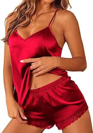 Ekouaer Satin Pajamas Women Lace Sleepwear Lingerie Cami Shorts Set Nightwear