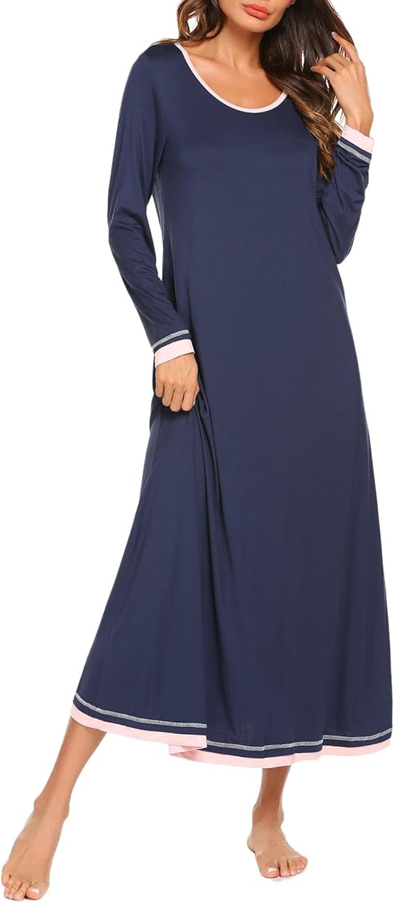 Ekouaer Nightgown Women Long Sleeve Sleepwear Full Length Long Nightshirt Soft Loungewear