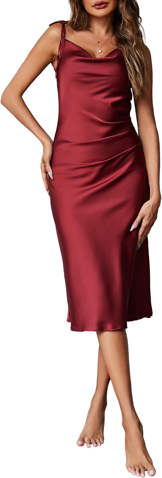 Ekouaer Women's Nightgown Satin Slip Dress Lingerie Sleepwear Long Slip Silk Midi Dress Spaghetti Strap