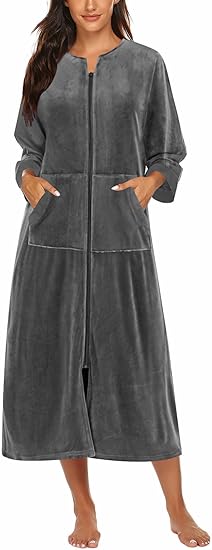 Ekouaer Robe for Women Velour Zipper Robe 3/4 Sleeves Housecoat Full Length Loungewear Long Bathrobe with Pockets