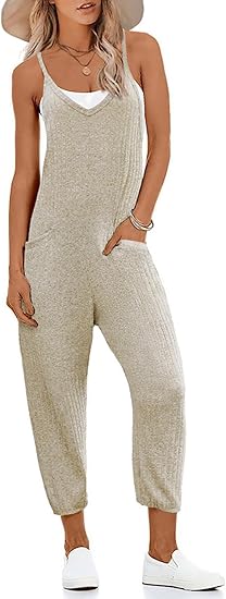Ekouaer Jumpsuits for Women Sleeveless Spaghetti Strap Ribbed Overall Jumpsuit V Neck Summer Romper with Pockets