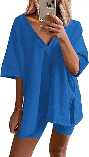Ekouaer Womens Pajamas 2 Piece Lounge Sets Oversized V Neck T-Shirts Tops Biker Shorts Set Workout Reversible Tracksuit