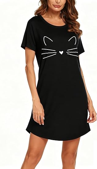 Ekouaer Womens Nightgown Short Sleeve Night Dress Printed Sleepwear Soft Sleep Shirt Black Sleep XL