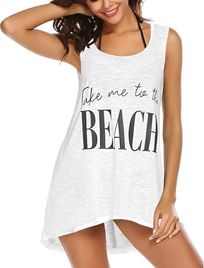 Ekouaer Women's Sleeveless Swimwear Coverups T-Shirt Beach Dress Tank Bikini Cover Up with Print
