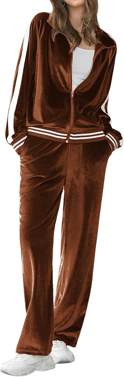 Ekouaer Women's Velvet Velor Tracksuits 2 Piece Lounge Outfits Zip Up Sweatshirt and Sweatpants with Pockets