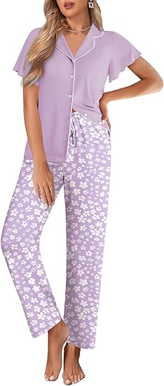 Ekouaer Pajamas for Women Set Button Up Sleepwear Cute Pjs Ruffle Sleeve Notch Collar Loungewear with Long Pants