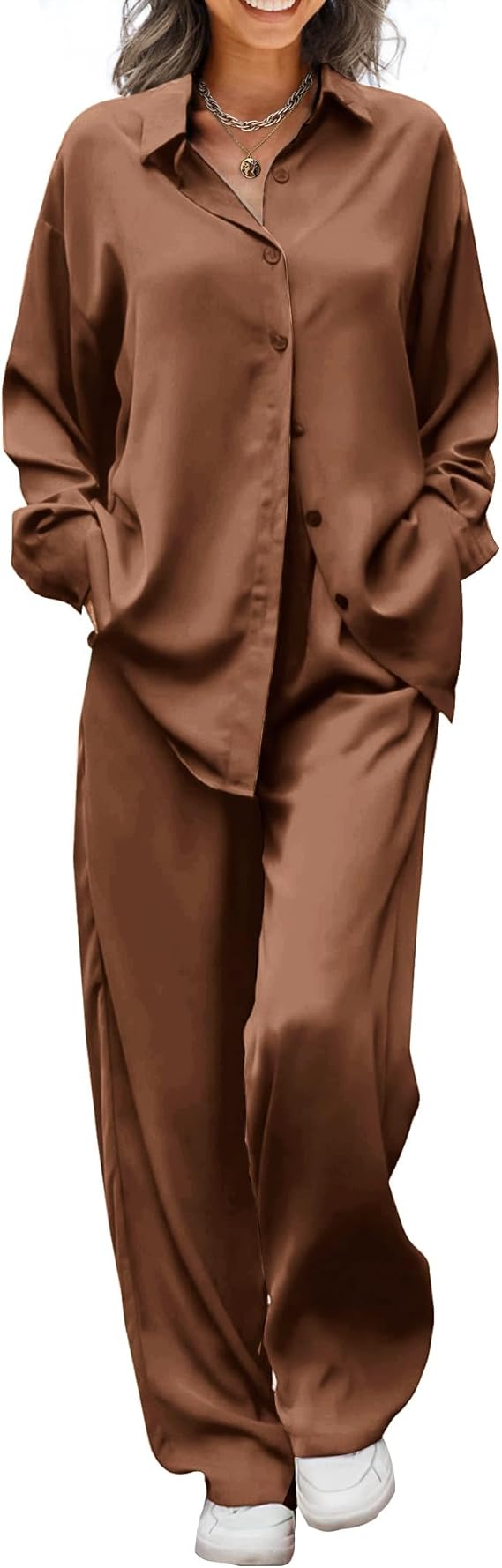 Ekouaer Womens Satin Silky Pajama Set 2 Piece Print PJs Soft Loungewear Button Down Sleepwear with Elastic Waist Long Pants