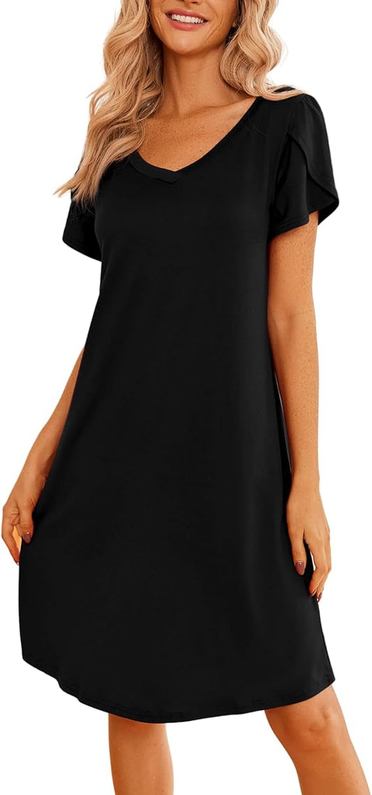 Ekouaer Womens Nightgown Short Sleeves Sleepwear V Neck Nightgowns for Women Petal Sleeves Houses Dress Sleepshirt