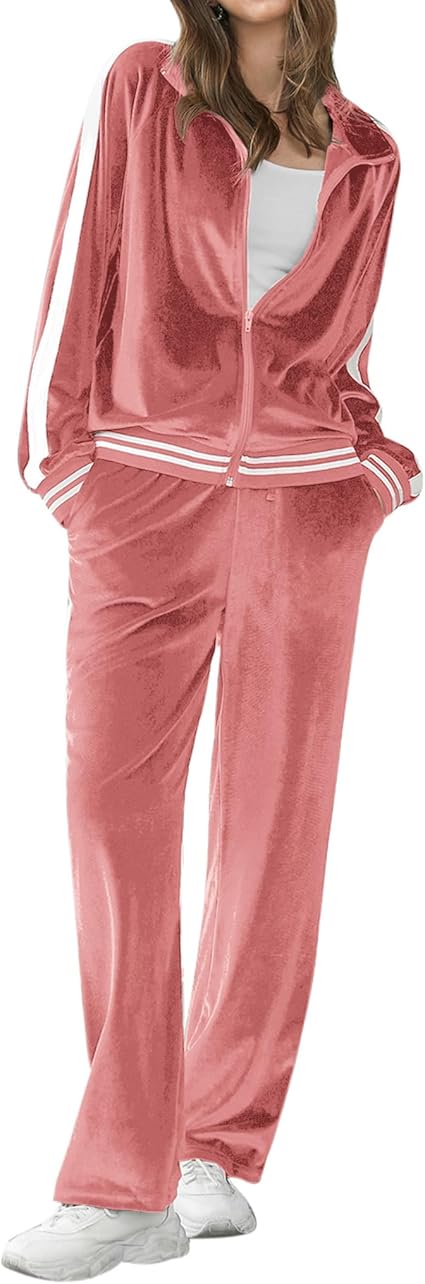 Ekouaer Women's Velvet Velor Tracksuits 2 Piece Lounge Outfits Zip Up Sweatshirt and Sweatpants with Pockets