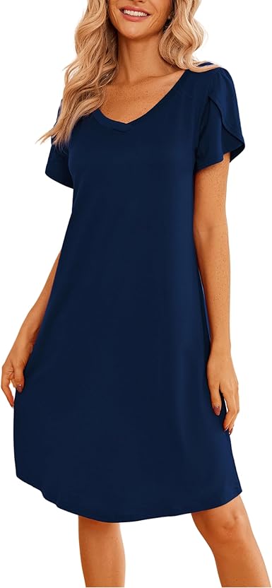 Ekouaer Womens Nightgown Short Sleeves Sleepwear V Neck Nightgowns for Women Petal Sleeves Houses Dress Sleepshirt