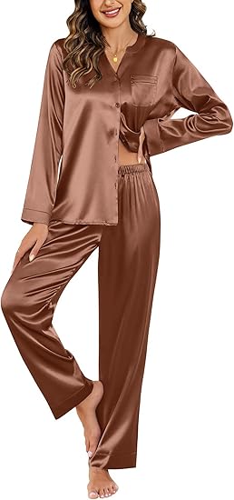 Ekouaer Silk Pajamas For Women 2 Piece Set Satin Pjs Long Sleeve Button Up Sleepwear Comfy Lounge sets