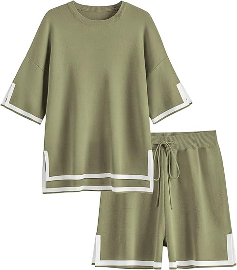 Ekouaer Womens Knit Lounge Set 2 Piece Sweater Sets Short Sleeve Sweatsuit Pullover Tops