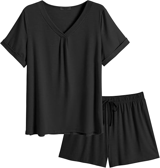 Ekouaer Pajamas Set Women's Short Sleeve 2 Piece PJ Sets V Neck Comfy Sleepwear Loungewear with Pockets