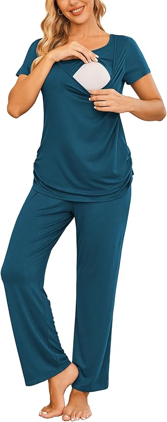 Ekouaer Women Maternity Nursing Pajama Set Breastfeeding Sleepwear Set Short Sleeve Top & Pants Postpartum Pajamas