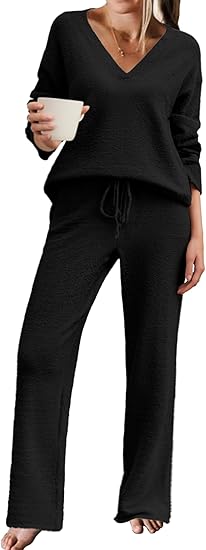 Ekouaer Womens Pajama Sets Fuzzy Fleece Sleepwear Long Sleeve Pjs 2 Piece Lounge Set Fall Outfits Sweater Nightwear