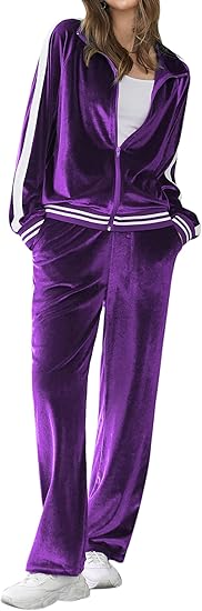 Ekouaer Women's Velvet Velor Tracksuits 2 Piece Lounge Outfits Zip Up Sweatshirt and Sweatpants with Pockets