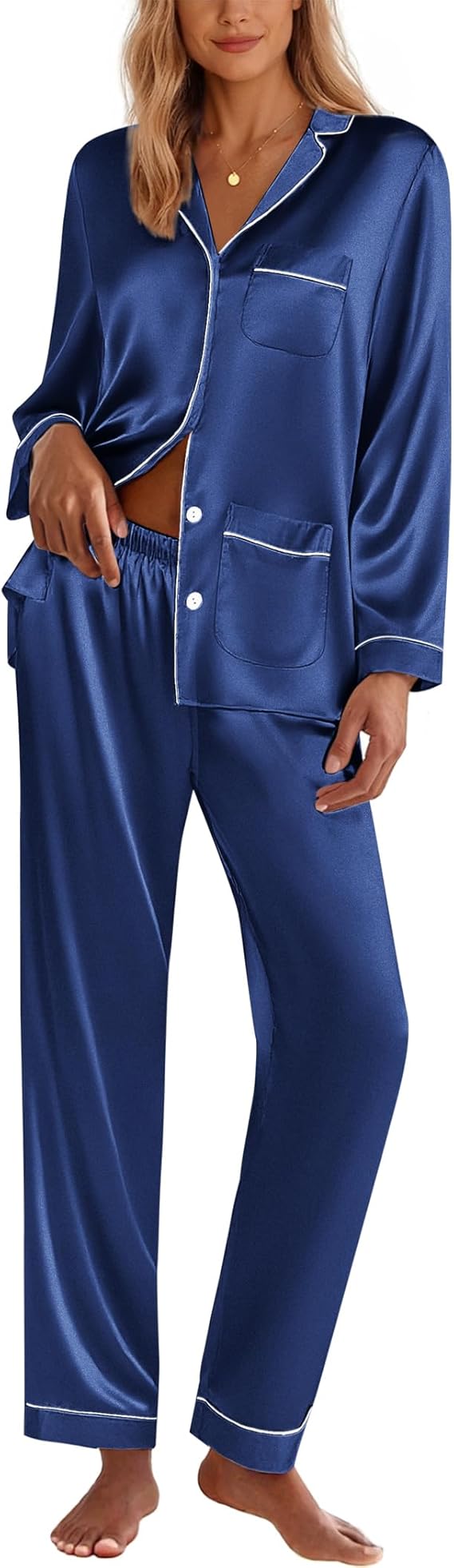 Ekouaer Silk Pajamas for Women Classic Button Down Satin Pajama Sets Long Sleeve Lounge Set