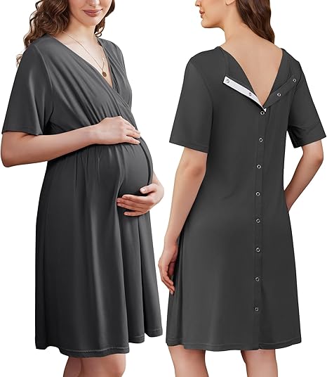 Ekouaer Labor and Delivery Gown for Hospital Short Sleeve Maternity Nursing Dress Nightgown with Button