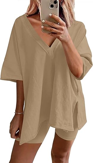 Ekouaer Womens Pajamas 2 Piece Lounge Sets Oversized V Neck T-Shirts Tops Biker Shorts Set Workout Reversible Tracksuit