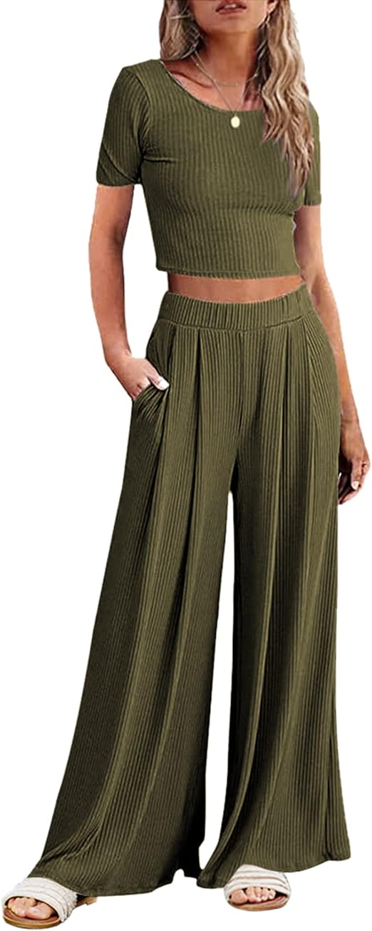Ekouaer Women's 2 Piece Lounge Sets Short Sleeve Pajama Set Ribbed Knit Crop Top Wide Leg Pants Loungewear