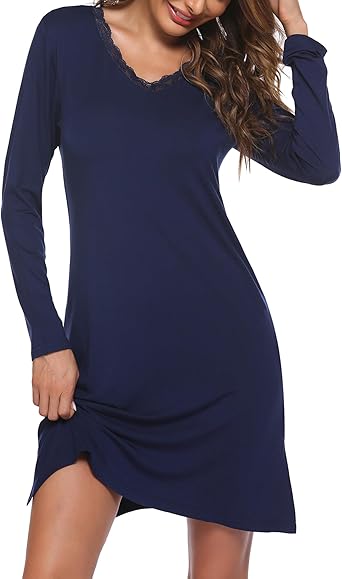 Ekouaer Long Sleeve Nightgowns for Women Sexy Lace Night Shirt V Neck Sleep Shirt Soft Sleepwear